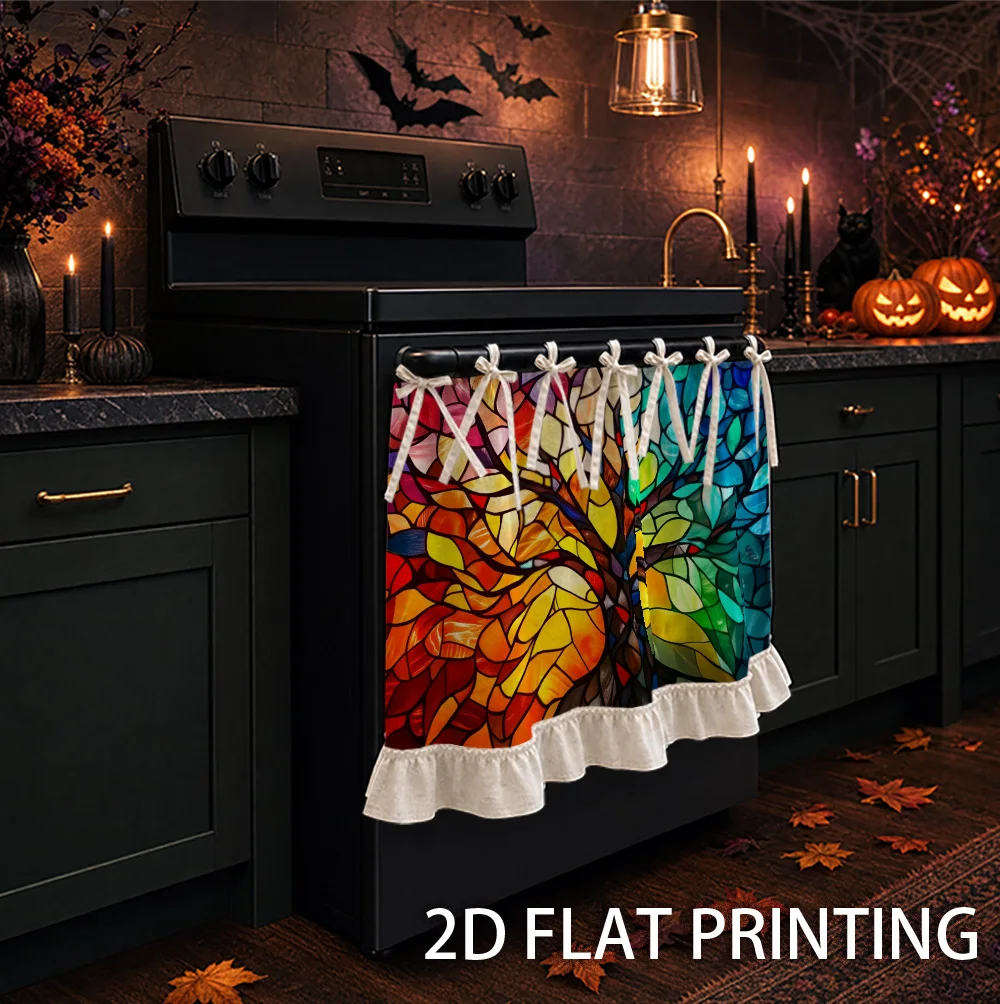 1PC kitchen stove curtain, cabinet curtain and apron. Featuring a 2D graphic design with a printed stained glass tree pattern. U