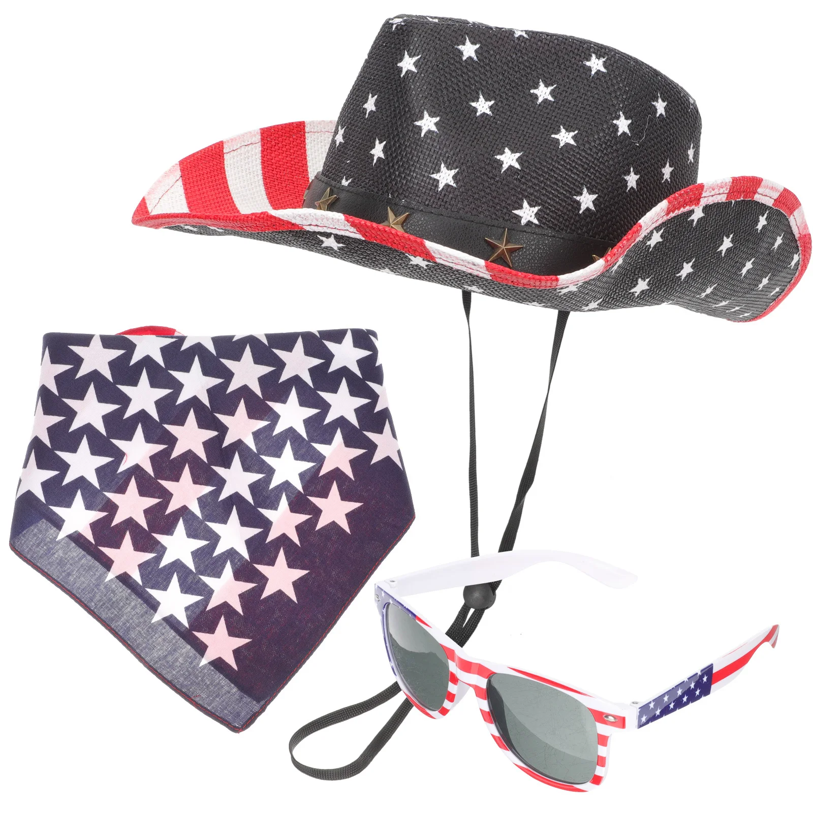 

1Set Cowgirl Hat Sunglasses Scarf Kit Patriotic Usa Flag Design Fashionable Sun Proof Hat for Beach Camping Picnic Party