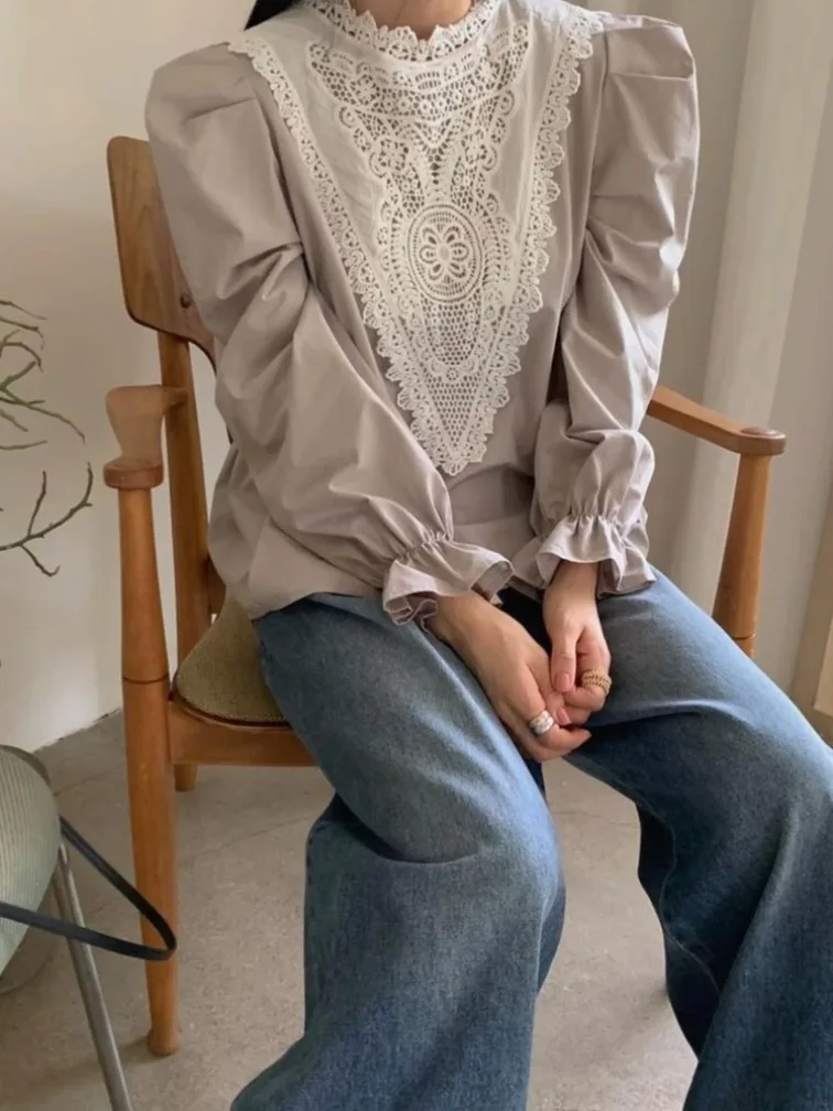 Coreano Sle Dolce Patchwork con volant Camicetta versatile Faion da donna Primavera Autunno Inverno Abbigliamento interno casual Vestibilità regolare