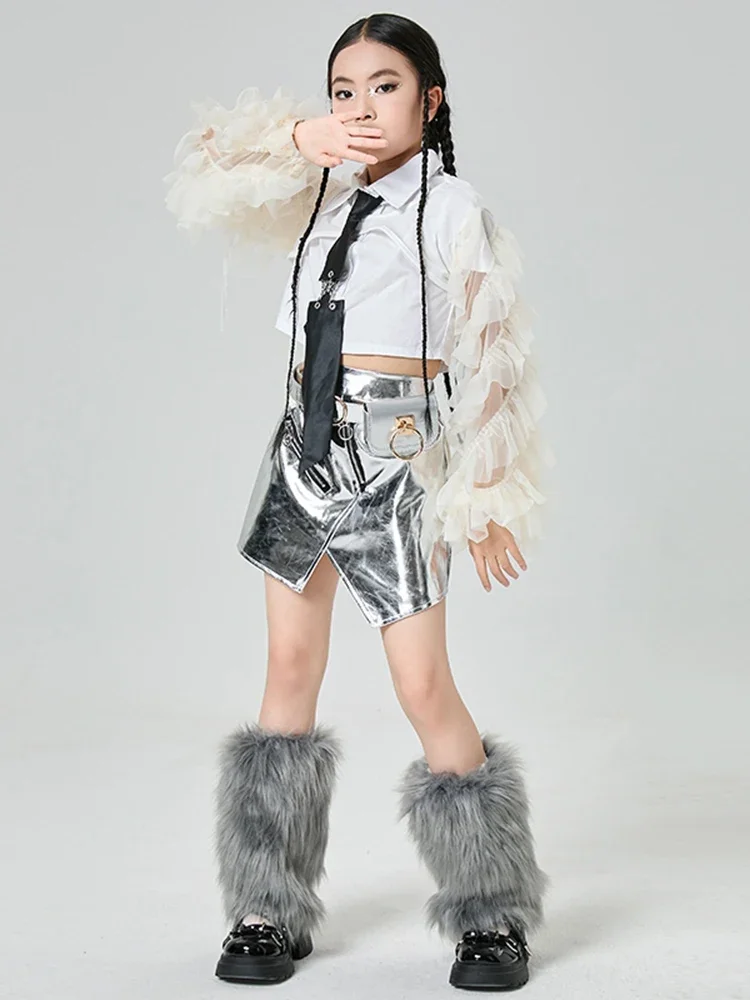 Jazz Dance Kostüm Für Mädchen K-pop Stages Kleidung Weißes Hemd Silbrig Leder Rock Anzug Street Dance Performance Kleidung XH2757