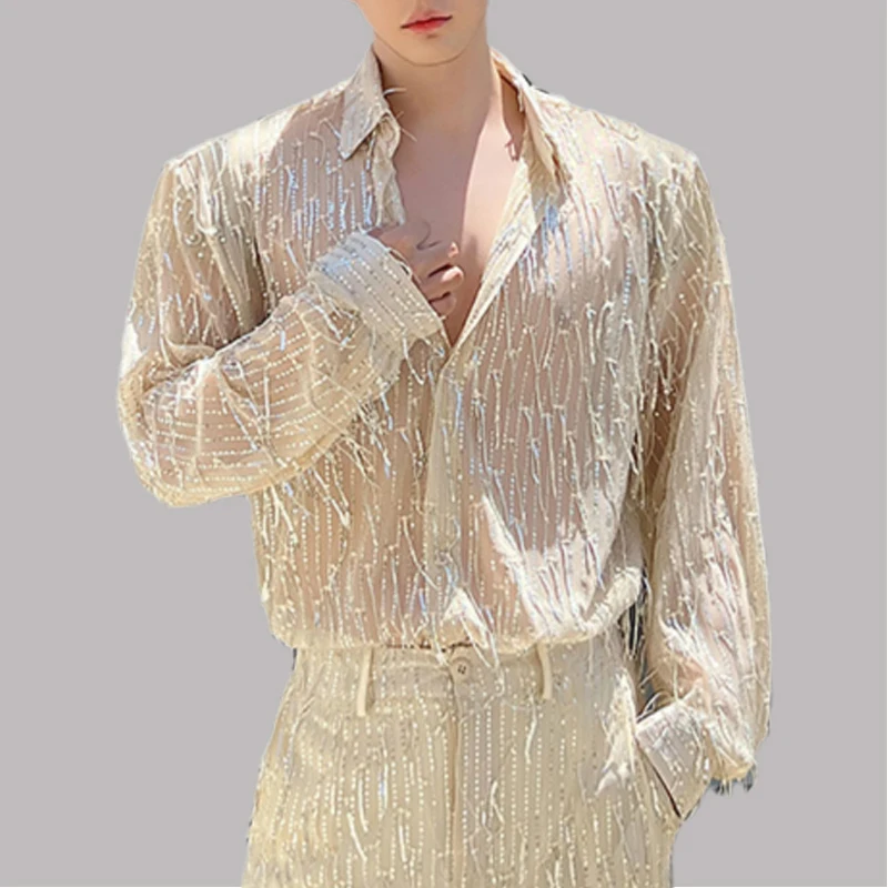 2023 Fashion Men Shirt Tassel Sequin Bead Lapel Long Sleeve Party Nightclub Camisetas Streetwear Casual Men Shirts