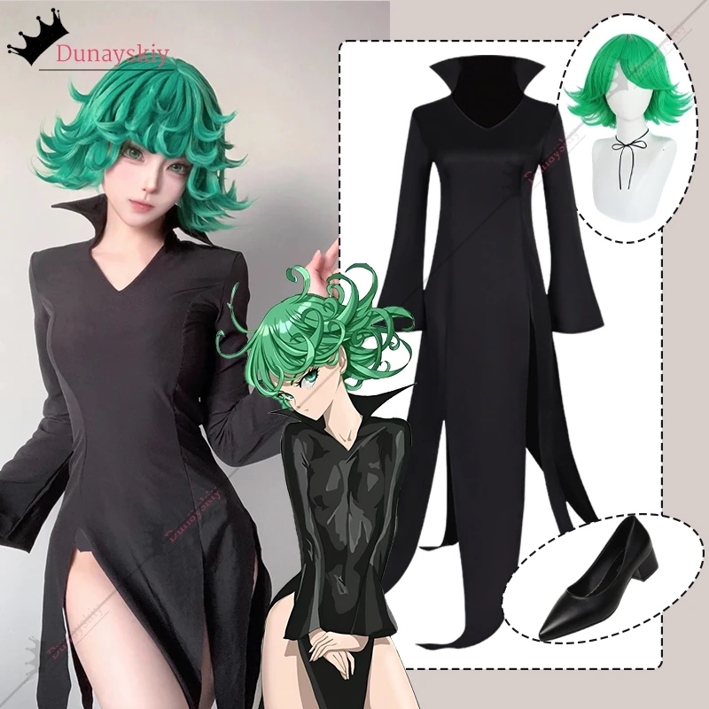 Anime Tatsumaki CosPlay vestido negro disfraz Tatsumaki vestido de banquete negro peluca verde conjunto completo disfraz de Halloween para mujeres adultas