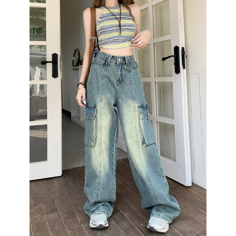American Retro Work Suit Straight Jeans Women Autumn Loose High Waist Washing Wide-leg Pants Floor-mopping Trousers