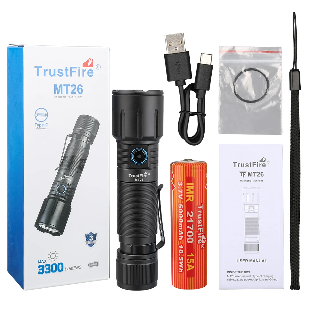 Trustfire MT26 Rechargeable LED Flashlights Powerful Torch 3300Lumen 21700 EDC Type USB C Charging Discharge Power Bank Function