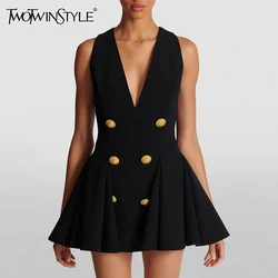 TWOTWINSTYLE Spliced Zipper Temperament Dresses For Women V Neck Sleeveless High Waist Slim Patchwork Button Mini Dress Female