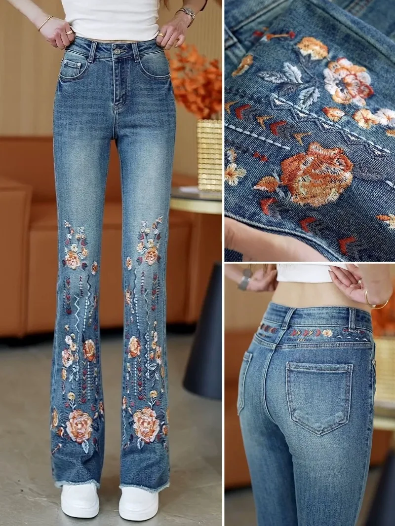 2026 Summer New Fashion Retro Embroidered Flower Slightly Pulled Jeans Women's High-waisted Slim-fitting and Thin Flared Pants