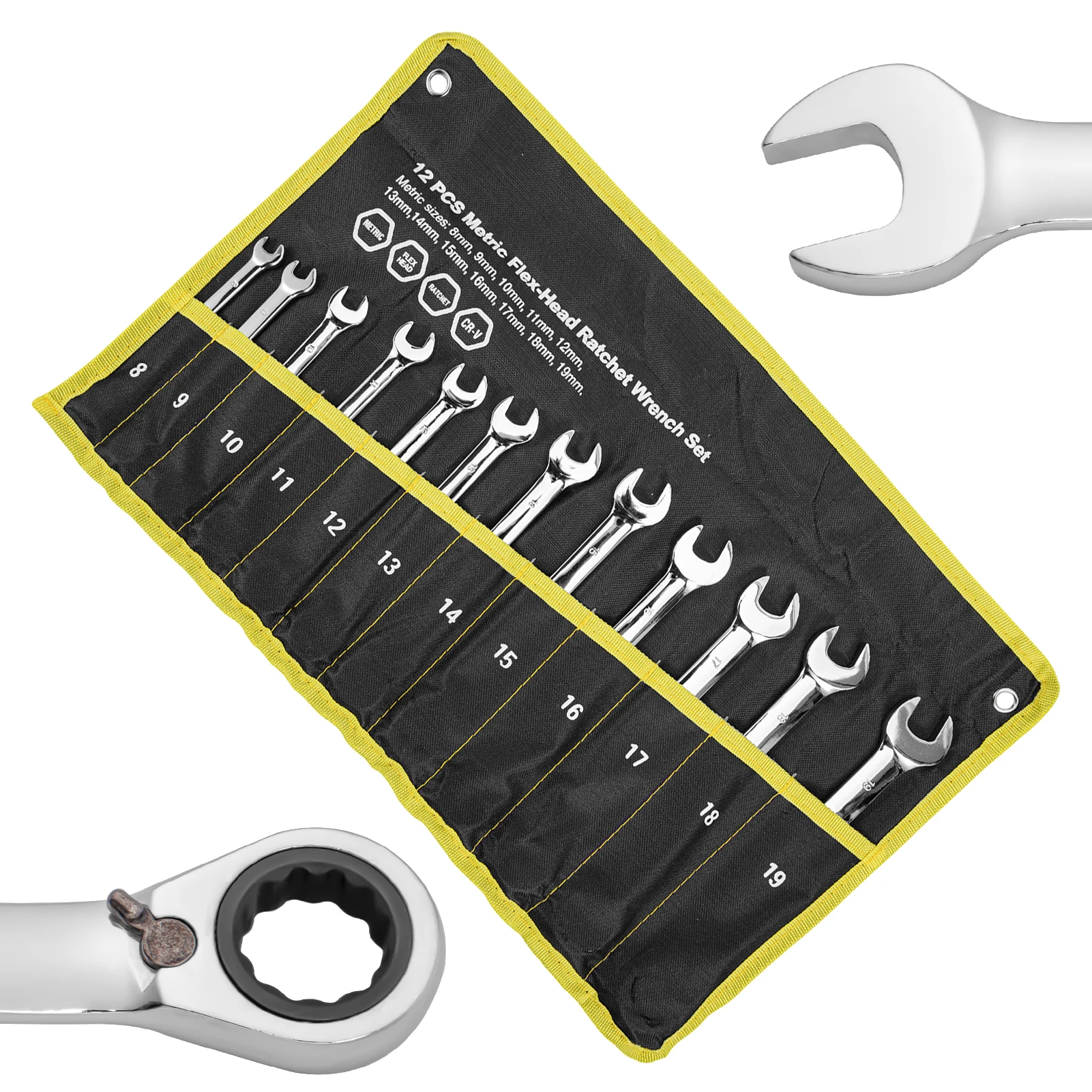 12Pcs Wrench Set,Reversible Ratcheting Combination Set,Metric 8mm-19mm,72 Teeth,Cr-V Steel Ratchet Wrenches Set with Storage Bag