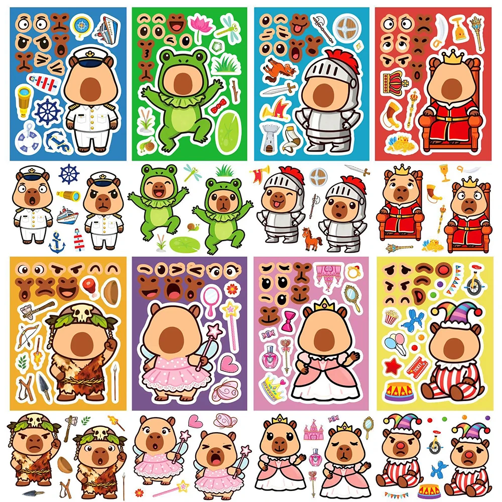 

8/16sheets Cute Capybara Drees Up Puzzle Stickers Creative Make a Face DIY Cartoon Sticker Funny Assemble Jigsaw Party Toy Gifts