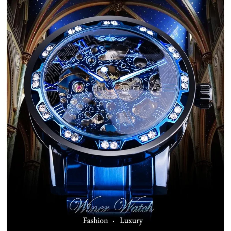 Official brand of free shippingHot Hollow Men's Rhinestone Manual Mechanical Blue Luminous Pointer Watch