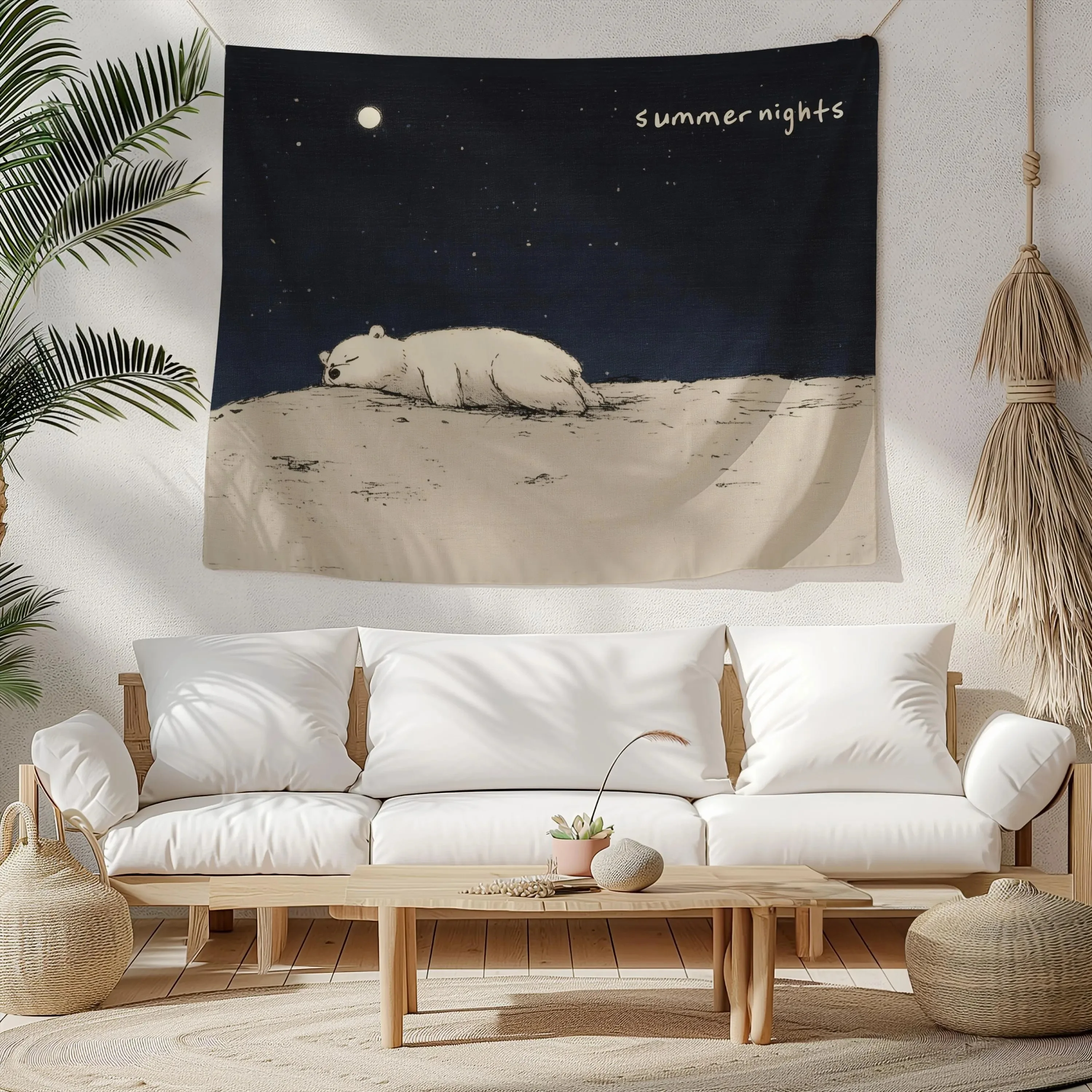 VIKAMA Summer Night Sleeping Bear Hand drawn Tapestry Healing Background Cloth Living Room Decoration Room Decoration