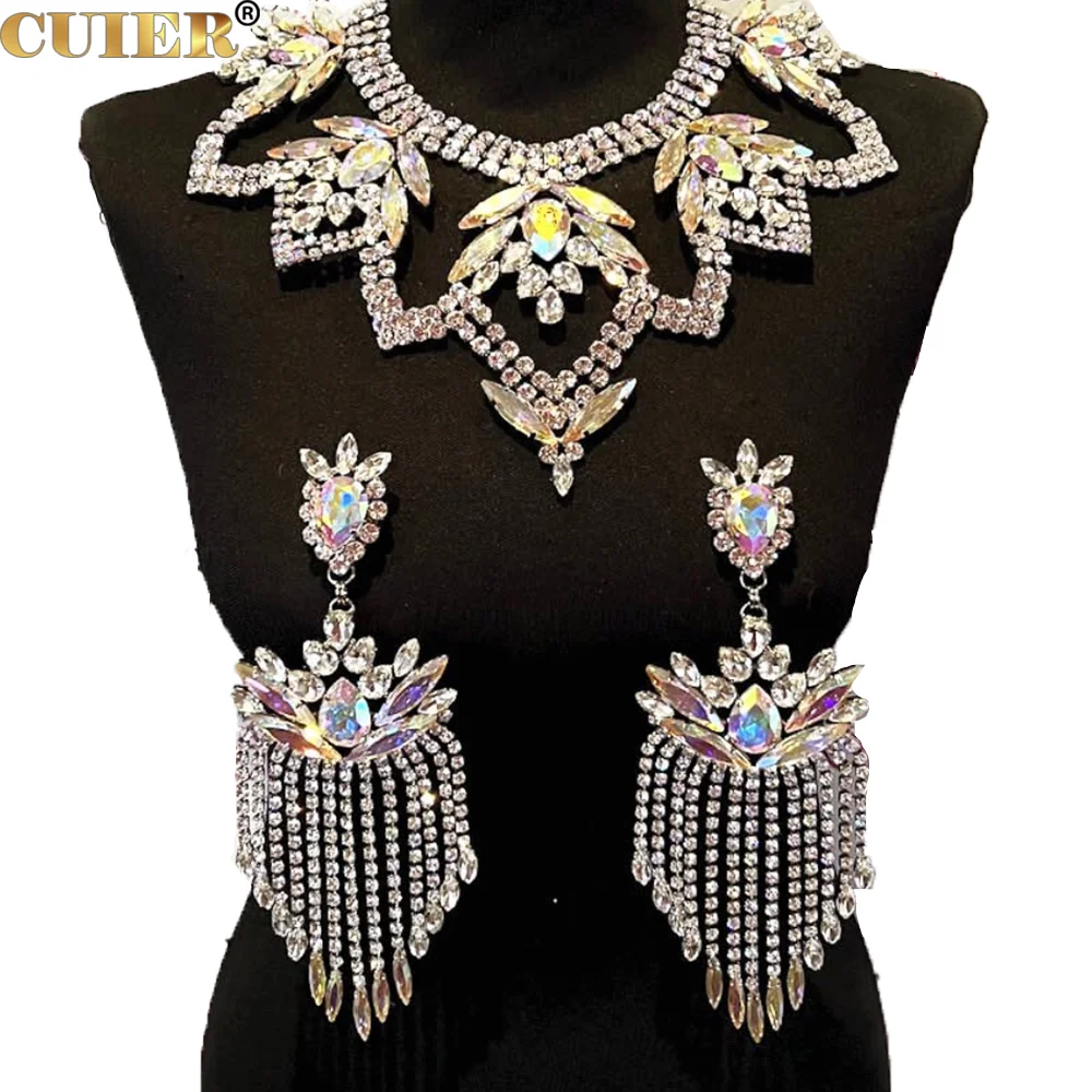 CUIER SS28 5mm Rhinestone Crystal Tassel Earring Necklace Jewelry Set for Drag Queen Huge Size Fashion Show Accessories