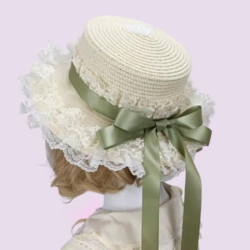 31BB Stylish French Bonnet Hat With Lace Trim and Bowknot Adjustable Straw Hat For Special Occasion Roleplay Game Headwear