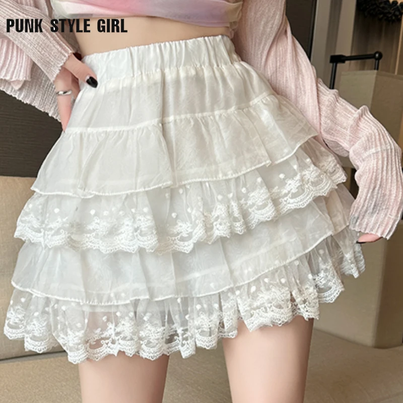 

2024 Women Japanese Summer Kawaii Lolita Mini Skirt High Waist Lace Ruffle Cake Skirts Kpop Casual Sweet Pink A-Line Fairy Skirt