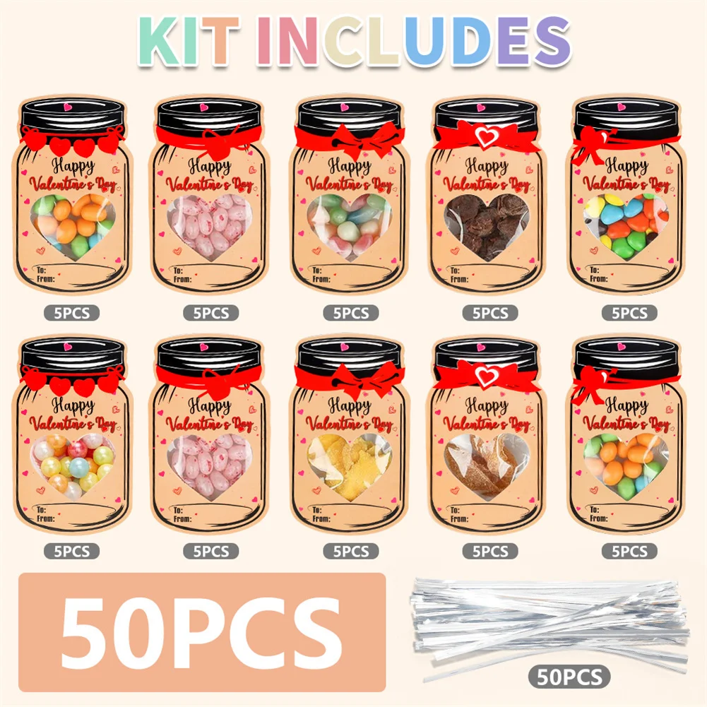 SWEETHOME 50pcs Kraft Paper Candy Jar Valentine Cards Set With 50 Transparent Sealed Bags For School Class Classroom Valentines