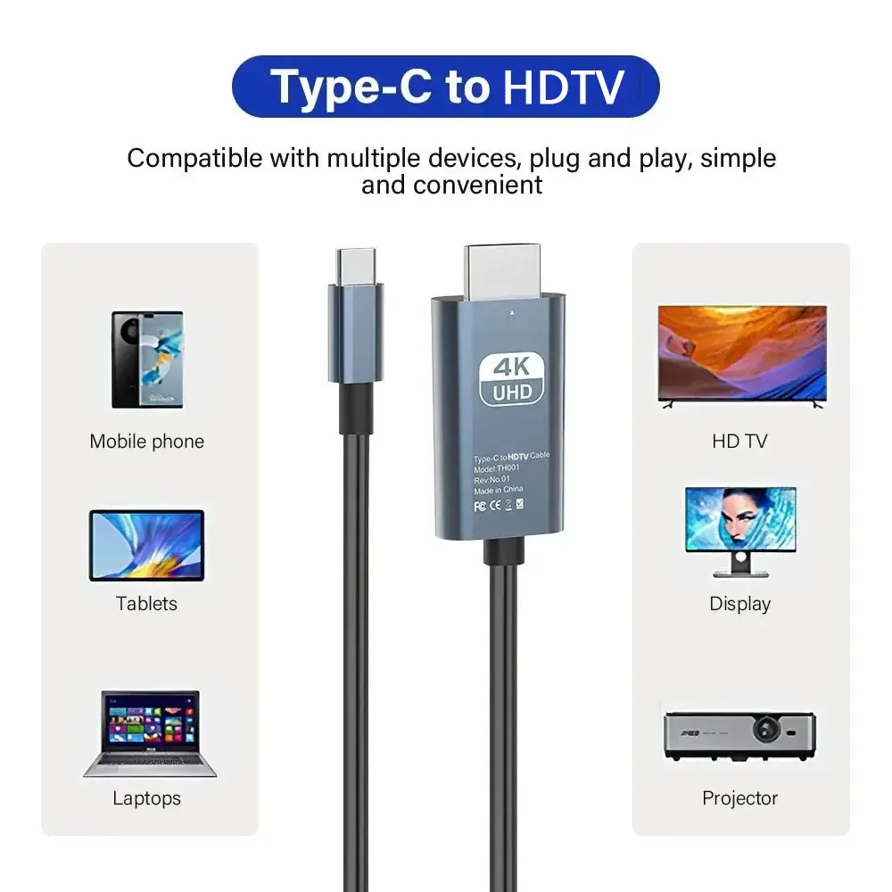 Type-C to Hd 4K@60Hz Cable USB C to HDTV Converter Adapter for MacBook Air Pro iPhone 15 Samsung Phone