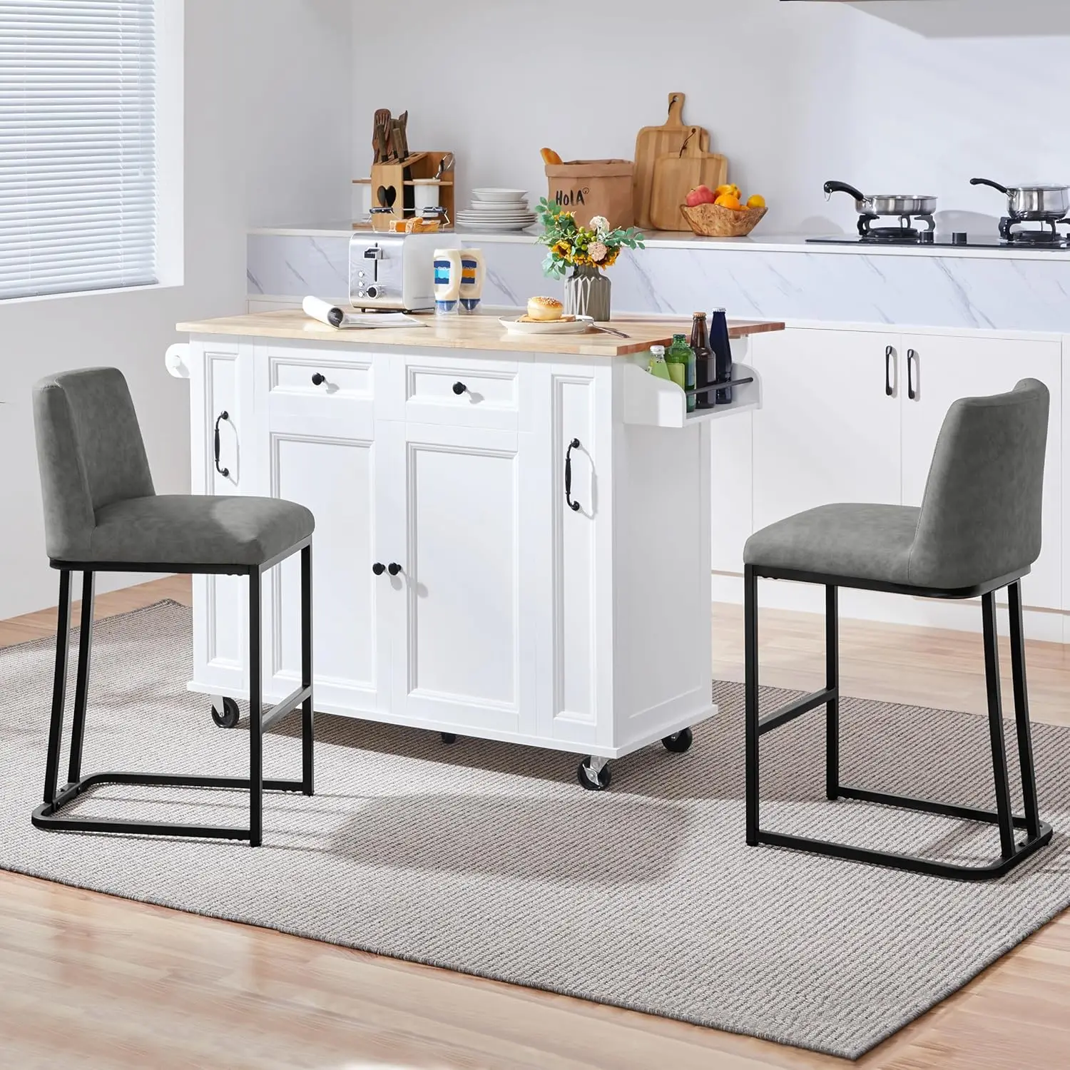 Moderne, met leer beklede, 24 inch barkrukken op tegenhoogte, set van 2, met rugleuning voor keukeneetkamer