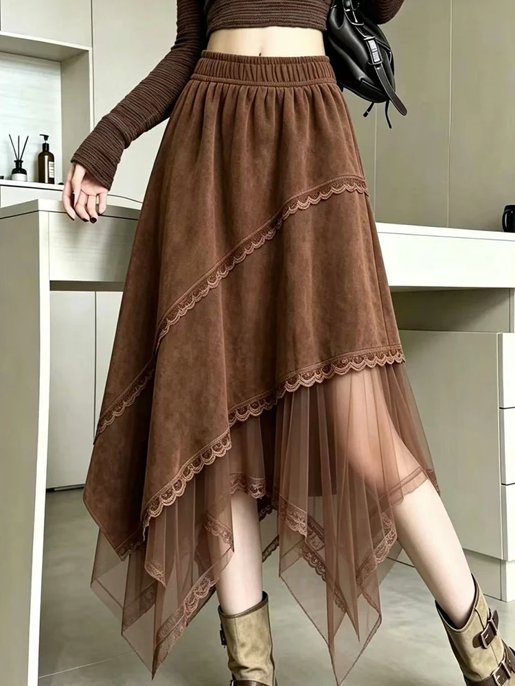 Faux Suede Retro Long Skirt Women Sweet Mesh Patchwork Loose Elegant Skirts Fall Winter New American Preppy Style A Line Skirt