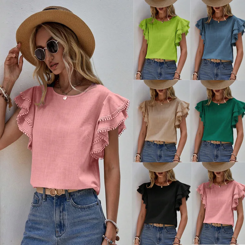 Elegant Women's Blouse Shirt Cotton Casual Summer Loose Shirt Lotus Leaf Bat Shirt Short Sleeved Top Camisas Mujer Блуза Женская