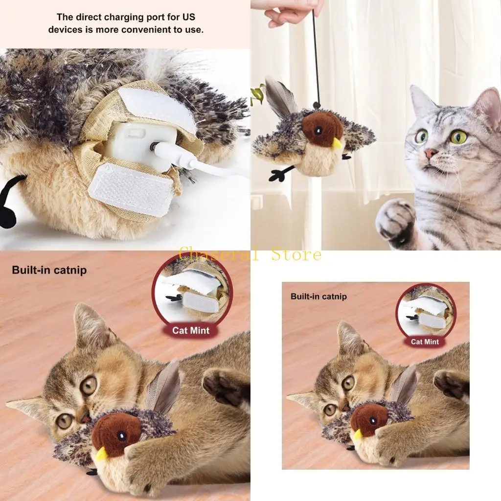 

E7CE Remote Control Flapping Bird Cats Chasing Toy USB Chargeable Plush Chirping Bird