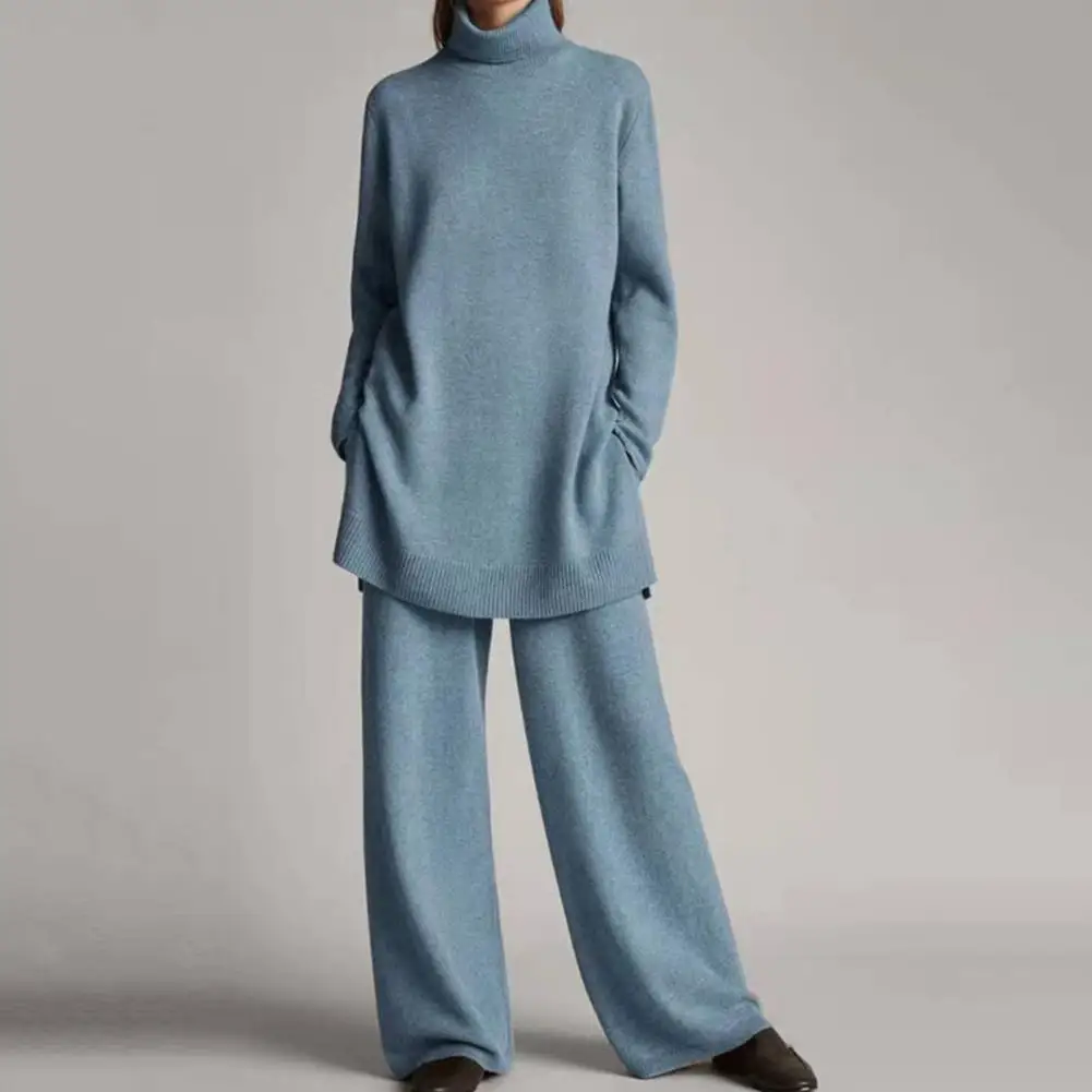 Ins Style Women Autumn Tracksuit Knitted High Collar Sweatshirt Pants Set Oversized Loose Wide Leg Winter Sweatshirt Pants Set