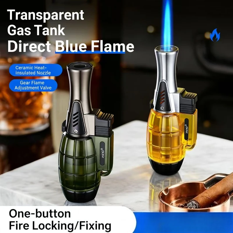 New Transparent Grenade Design Windproof Jet Blue Flame Butane Gas Lighter Safety Lock Fire Switch Portable Fun Cigar Lighters