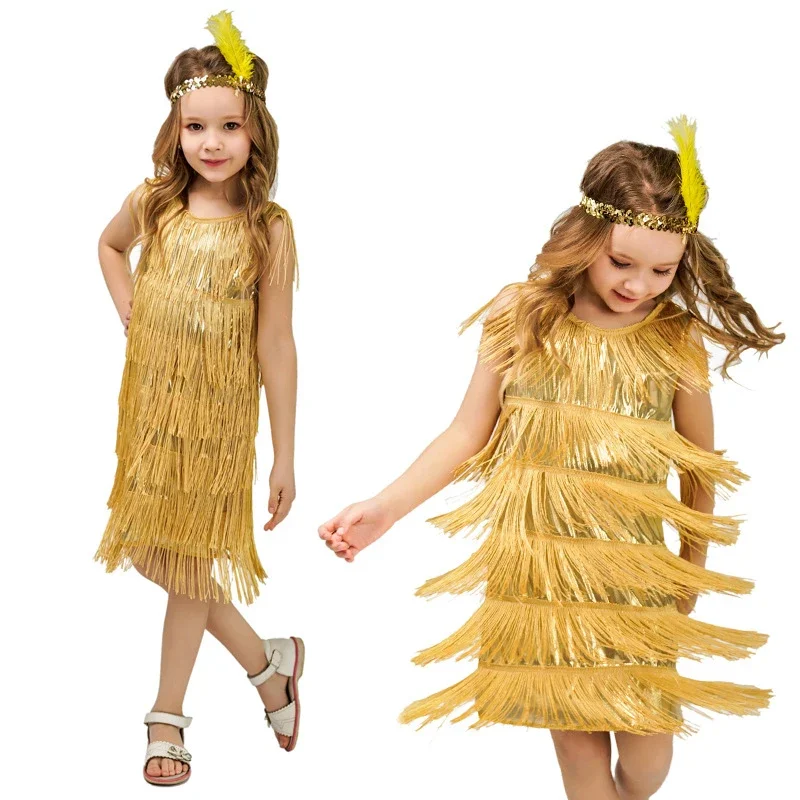 7 Colors Kids Vintage Latin Dance Fringe Skirt Dress Dance Girls Retro Fringed Latin Dance Wear Party Costume Halloween Costume