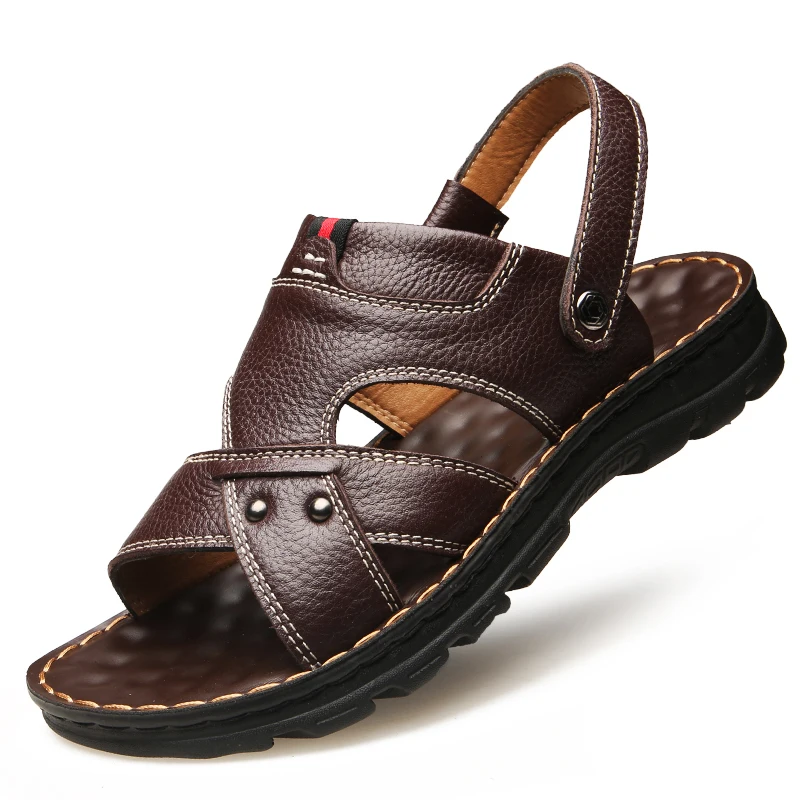 

Summer Men Leather Sandals Leather Non-slip Slippers Outdoor Thick-soled Beach Shoes Comfor Soft Men Sandas