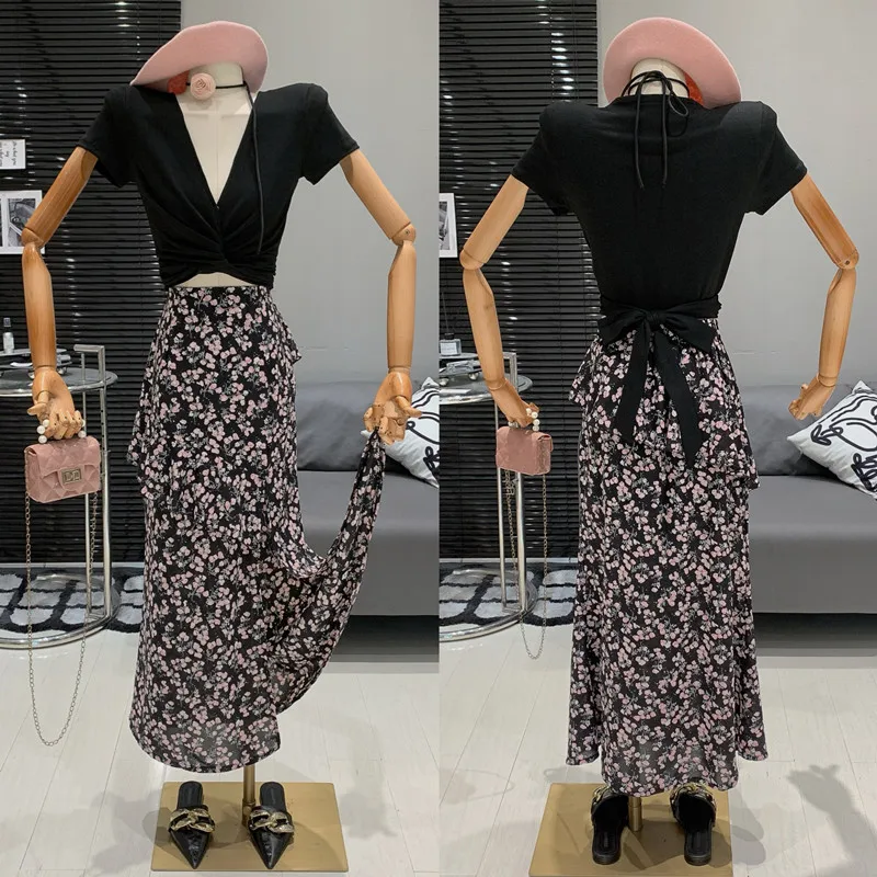 

Облегающая футболка с V-образным вырезом для девушек, топ, ретро юбка с разрезом и цветочным принтом, комплект из двух предметов для женщин, элегантное роскошное платье для женщин