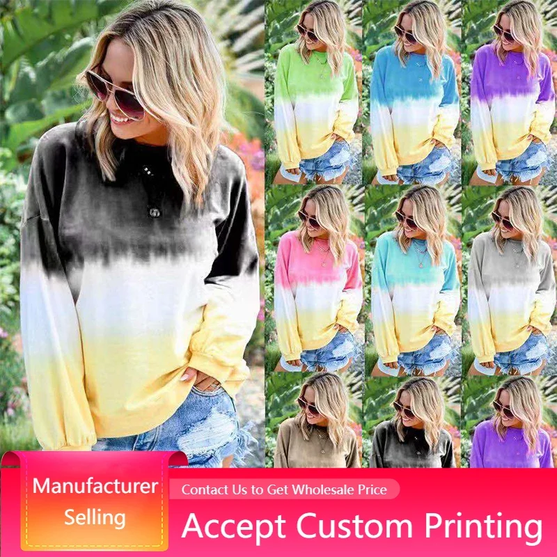

Womens Long Sleeve Sweatshirts Casual Color Block Pullover Crew Neck Tie Dye Printed Tops