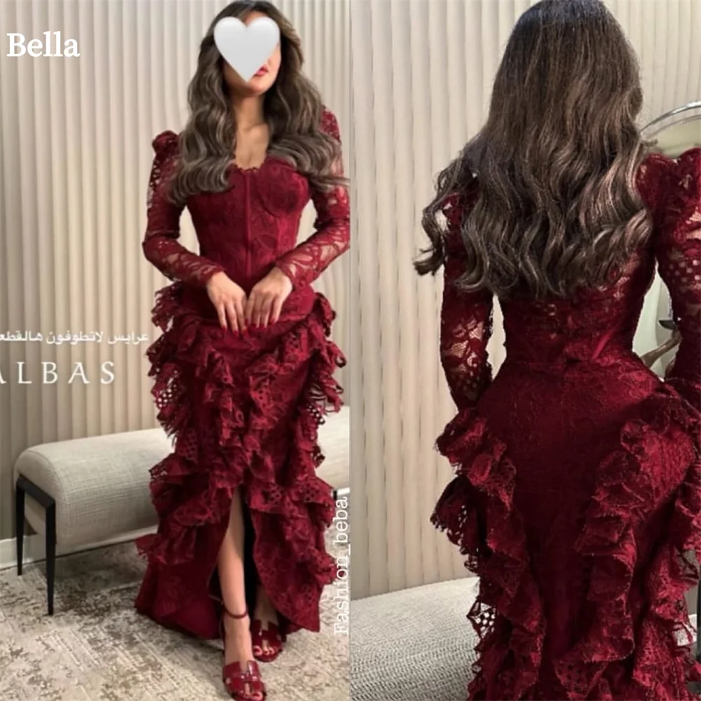 Bella Aangepaste Kant Sexy Zeemeermin Robes De Soirée Rode V-hals Avondjurken Valentijnsdag Vloerlengte Gedrapeerde Trouwjurk