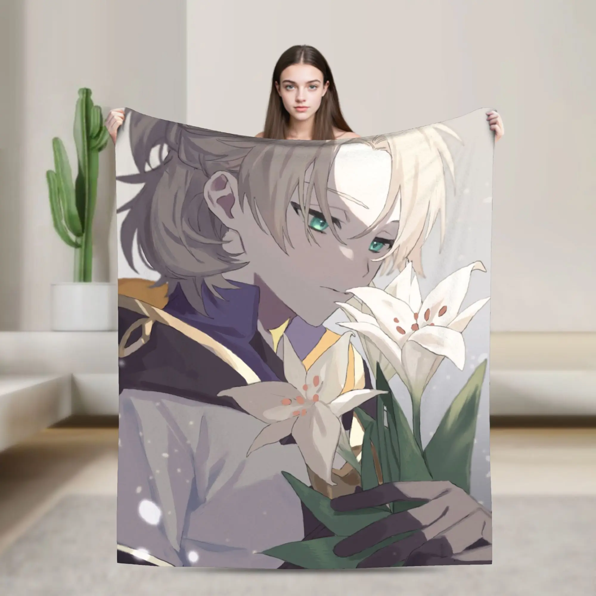 Albedo Genshin Impact Knitted Blanket Flannel Cute Amine Game Super Warm Throw Blanket for Bedroom Sofa Bedspread