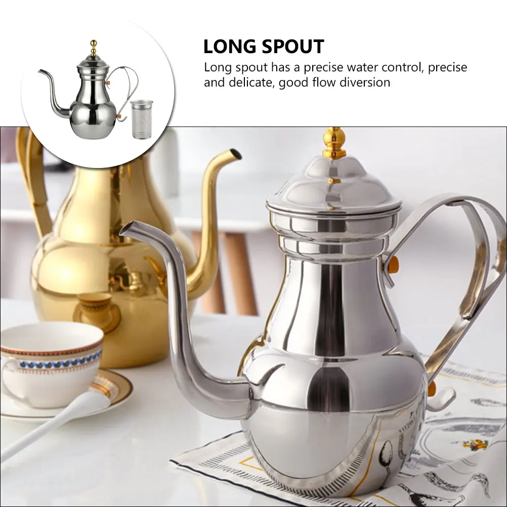 

Middle Eastern Arabic Stainless Steel Coffee Pot 1.5L Silver Scented Filter Long Spout Kitchen Barware