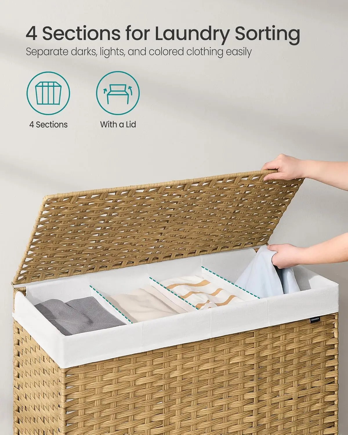 Rolling Laundry Basket with Wheels, 3-Section Synthetic Rattan, Removable Liner