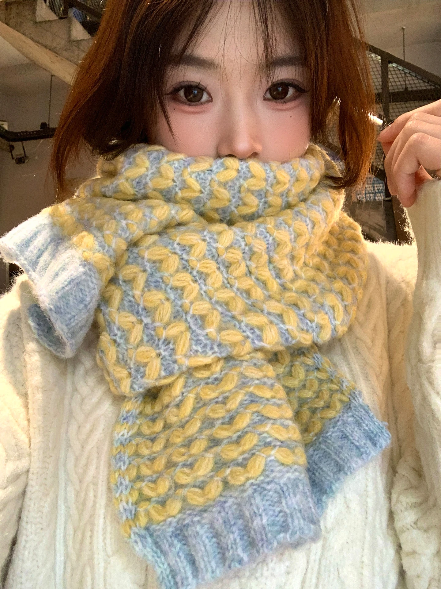 Korean Style Warm Small Knitted Scarf for Women Winter New Yellow Student Wool Neck Protection  Neck Warmer Casual Long R...