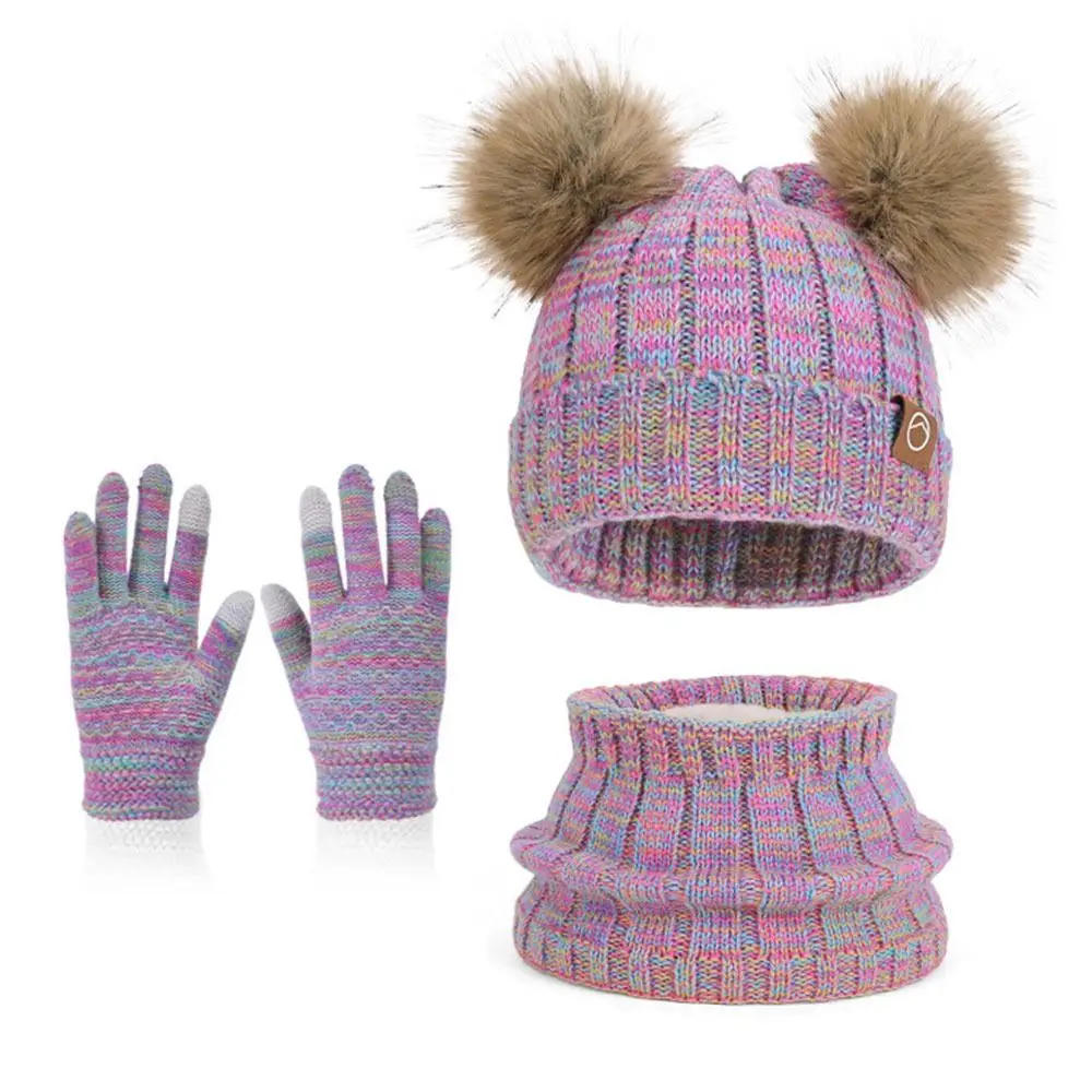 

Fashion Warm Winter Hat Scarf Gloves Set Windproof Pompom Knitted Hats Soft Thicken Scarf Cap