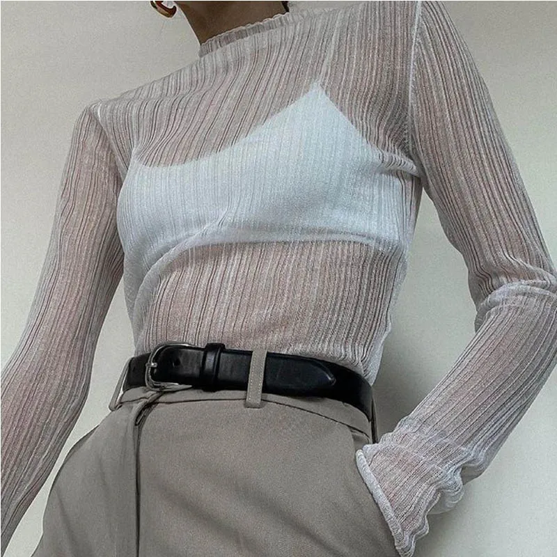2024 Fall Elegant See Through Long Sleeve Mock Neck Women Tops Fashion Streetwear Sexy T-Shirts Tees Slim Clothes