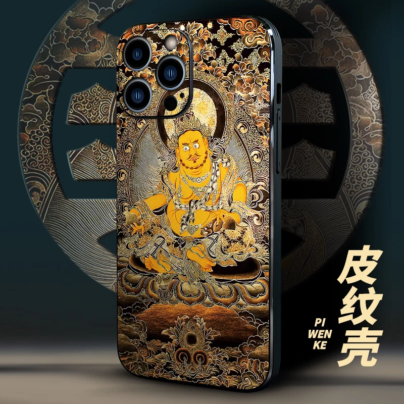 Retro Yellow God of Wealth Buddhist Thang-ga embossed PU leather soft case For Iphone 16 Pro Max 15 14 13 12 11ProMax MR041