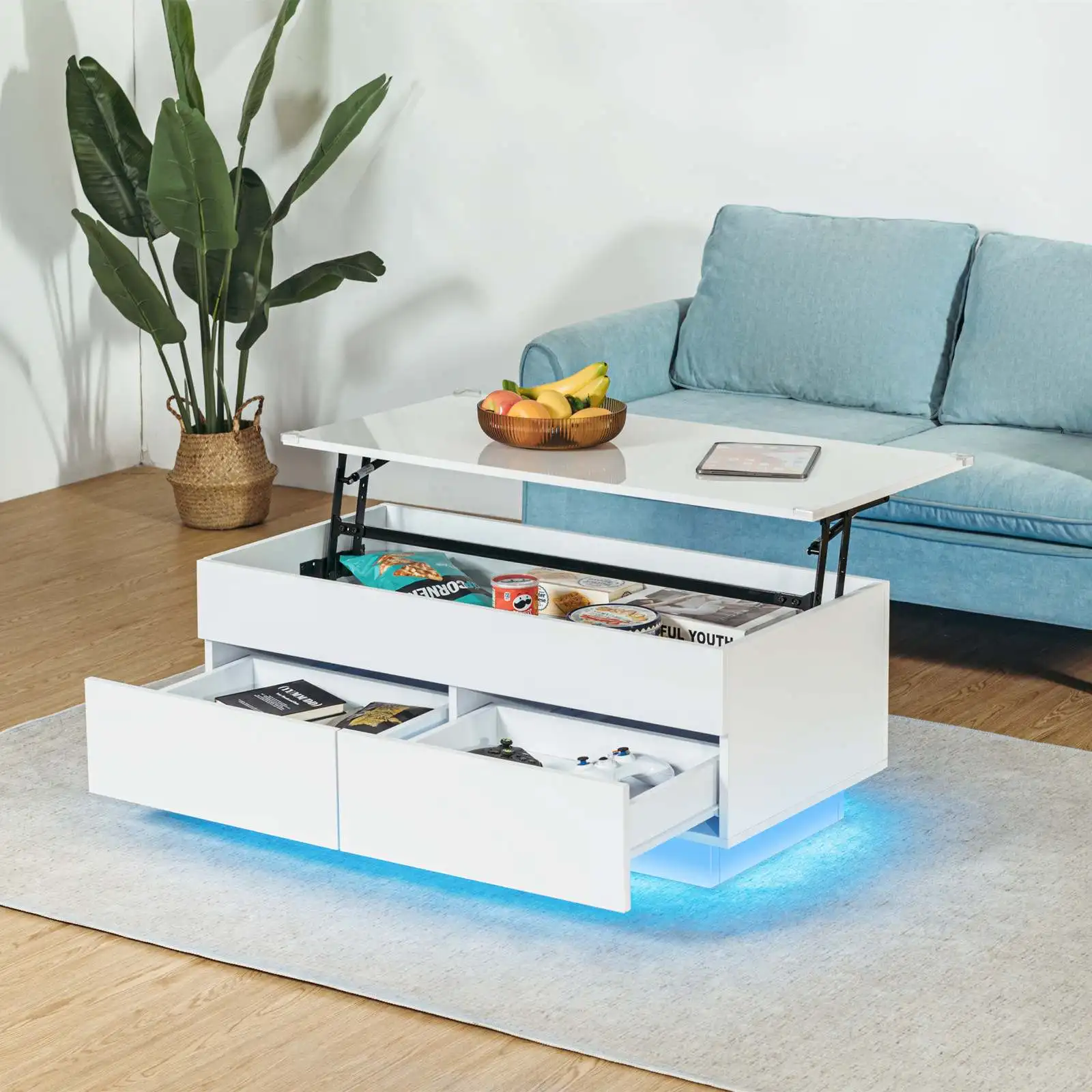 LED Lift Coffee Table 16 Million Colors 29 Dynamic Modes High Gloss Surface Adjustable USB RGB Light Two Hidden Storage Drawers