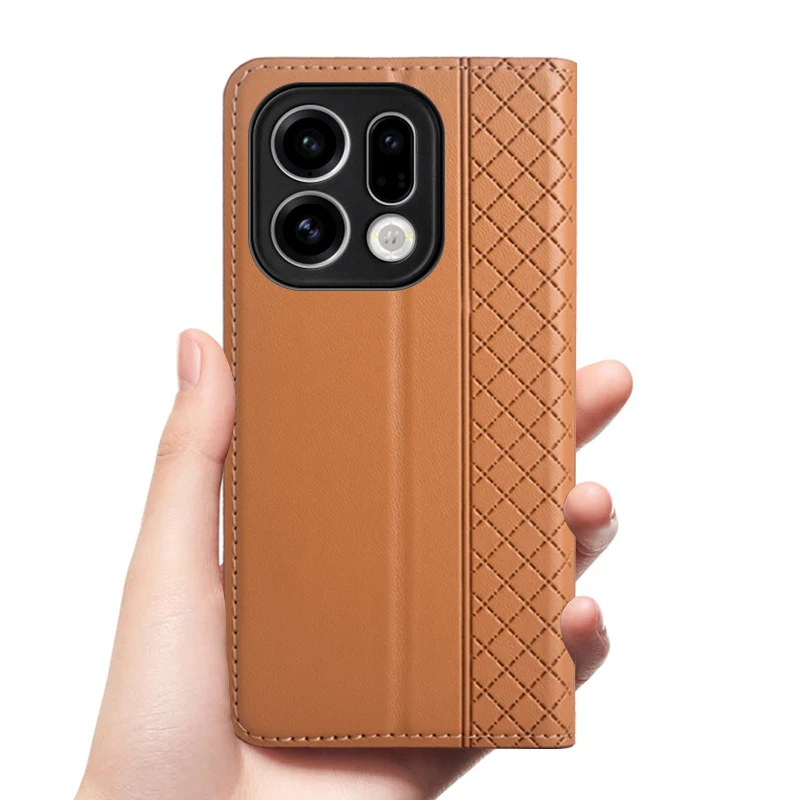 Etui z klapką do OPPO Find X9 Pro X9Pro 5G, prawdziwa skóra, magnetyczne etui książkowe, luksusowe etui z bydlęcej skóry z wzorem kratki, kieszeń na karty, portfel — zdjęcie produktu 2