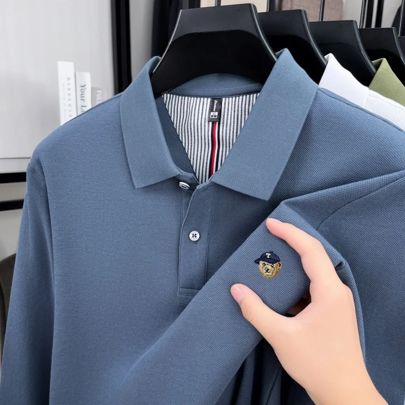 

100% pure cotton fashion brand long sleeved men's polo shirt autumn hot selling bear embroidery golf boutique top casual T-shirt