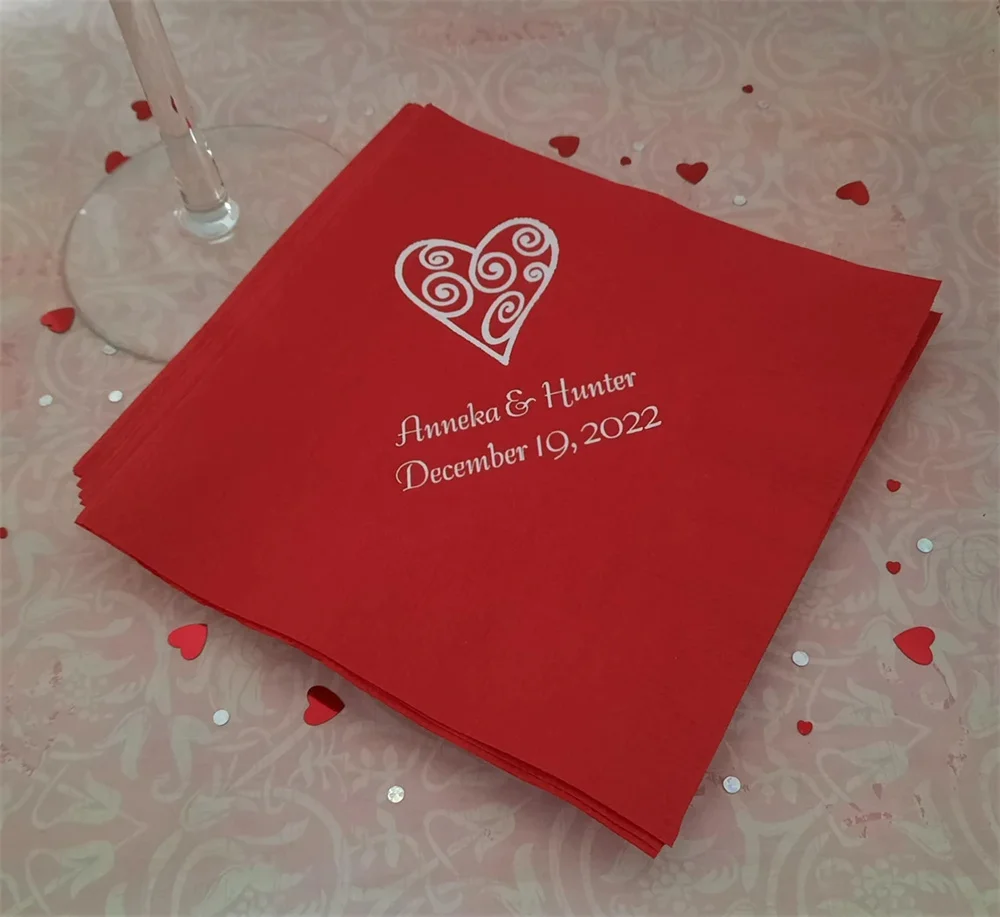 50PCS Heart cocktail napkins for Wedding Lavender paper napkins with your custom text personalized for your special day availabl