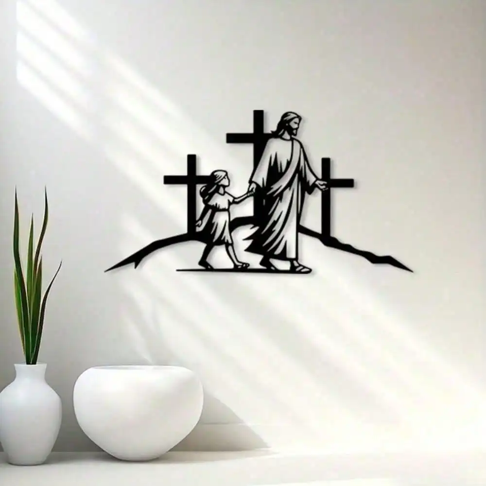 Minimaliste sculpture murale fer forgé – Jésus sur croix – Art mural 2D métal – Résistant rouille – Pour salon église