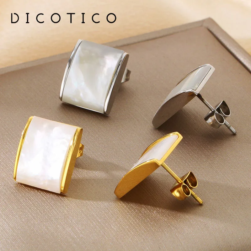 Stainless Steel Stud Earrings For Women Square Shell Charm Earrings Femme Gold Color Wedding Jewelry Gifts