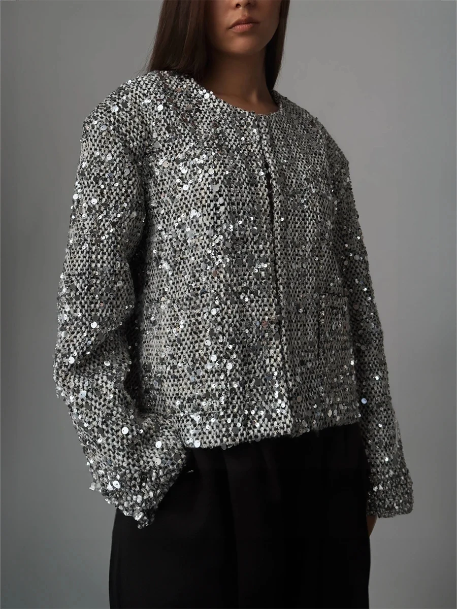 Women Fashion Chic Silver Coat Casual Warm Chic Elegant Female Coats Autumn Loose Sequin Jacket Woman Clothes