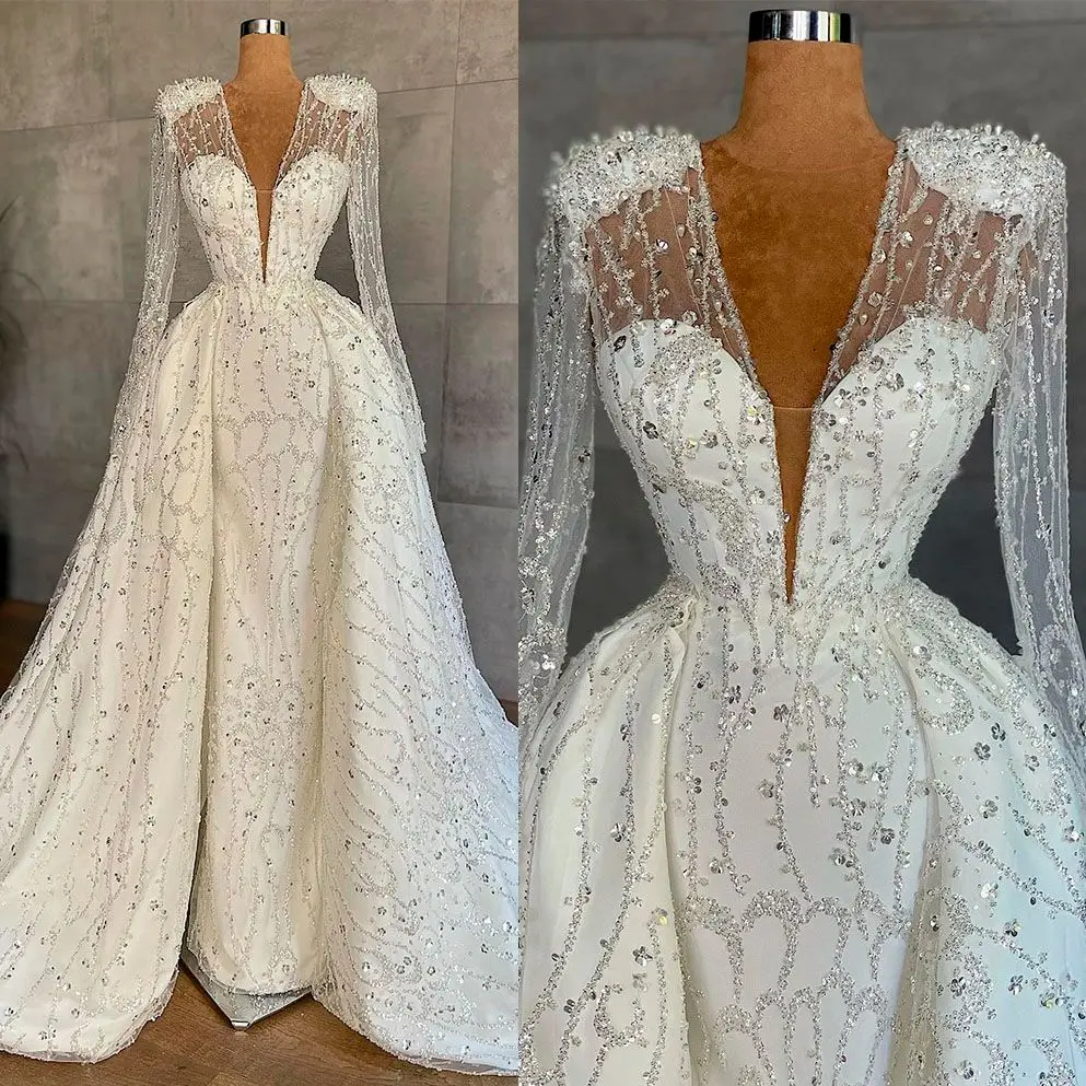 

Charming Deep V Neck Beads Sequined Vestidos De Novia Mermaid Wedding Dresses with Overskirt Robe De Mariee Marriage Bridal Gown