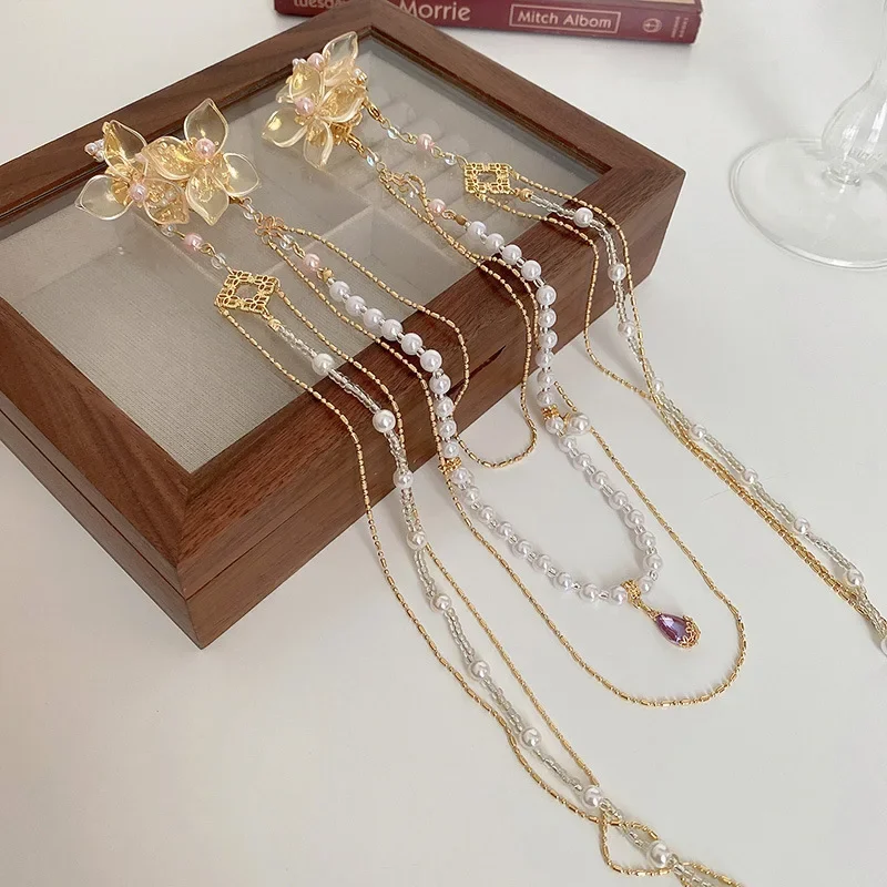 New Chinese Style Rhinestones Flower Hair Clips Imitation Pearl Long Tassel Hairpins Original Duckbill Clip Hanfu Accessories