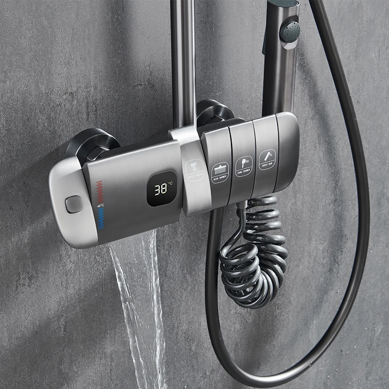 gray piano key shower set bathroom white digital display thermostatic shower head shower valve