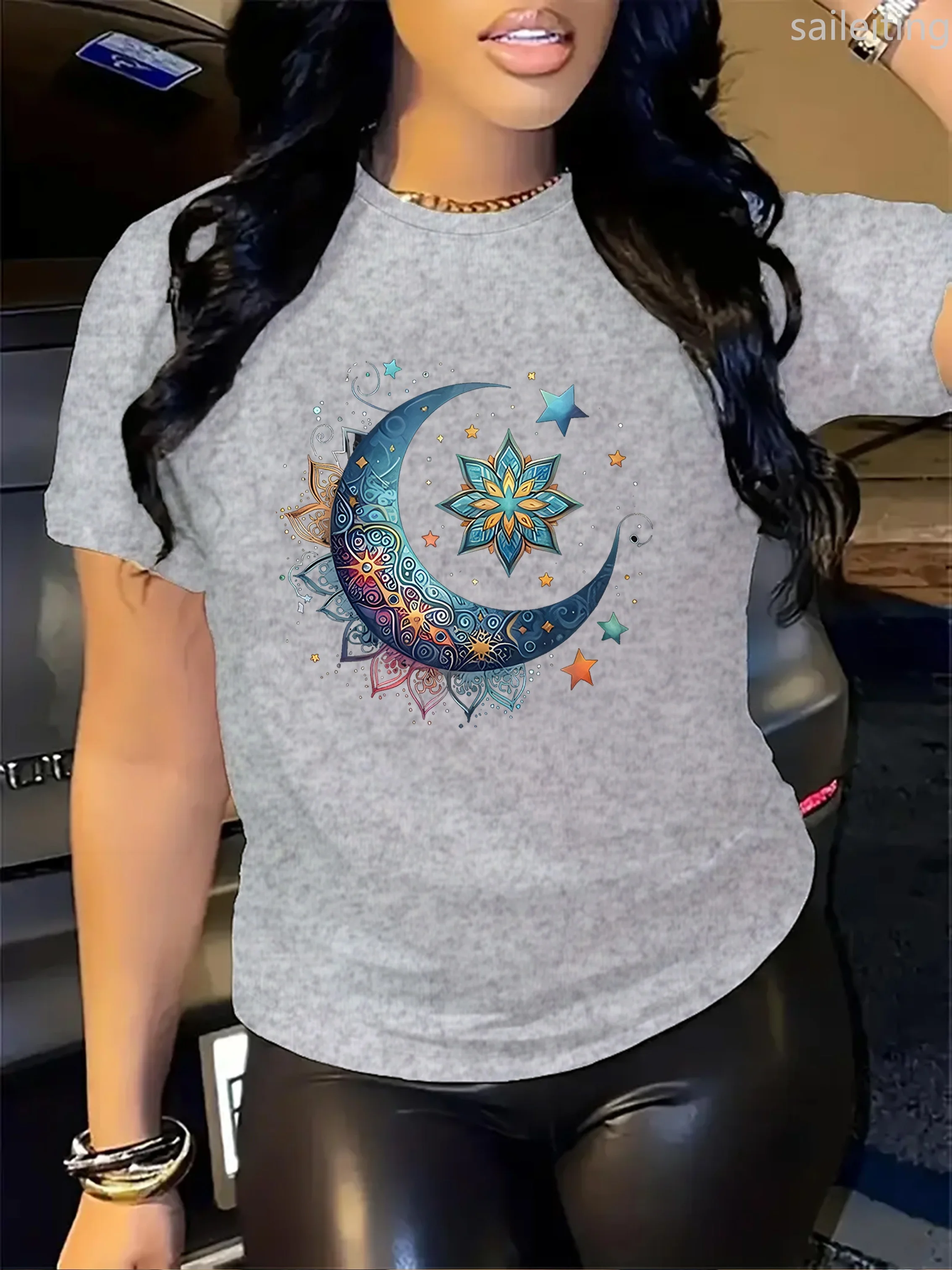 Women'S Casual Crew Neck T-Shirt with Geometric Moon and Stars Pattern Regular Summer Short Sleeved Harajuku Streetwear