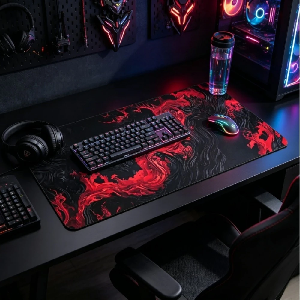 Black Red Abstract Fluid Art Desk Mat Large Non-slip Gaming Mouse Pad XXL Cool Swirl Pattern Deskmat for Office Keyboard