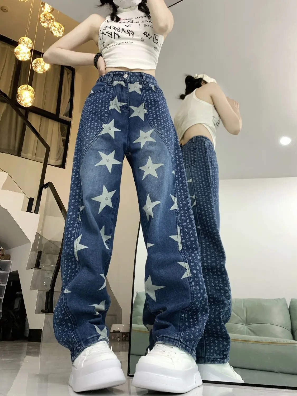 Jeans Blauw Gesplitst Sterontwerp Vintage Met Hoge Taille Voor Vrouwen 2024 Koreaanse Mode Y 2K Causale Denim Jeans Hiphop Punkbroek